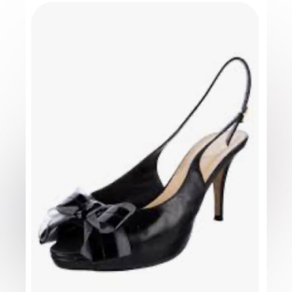 Kate Spade New York black leather slingback peep toe pumps sheer bows womens 6